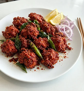 Chicken 65 with curry leaves, green chillies, lemon and onion