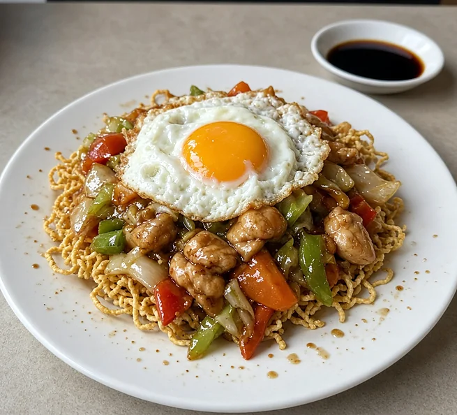Chicken chop suey over crispy noodles, topped with a fried egg