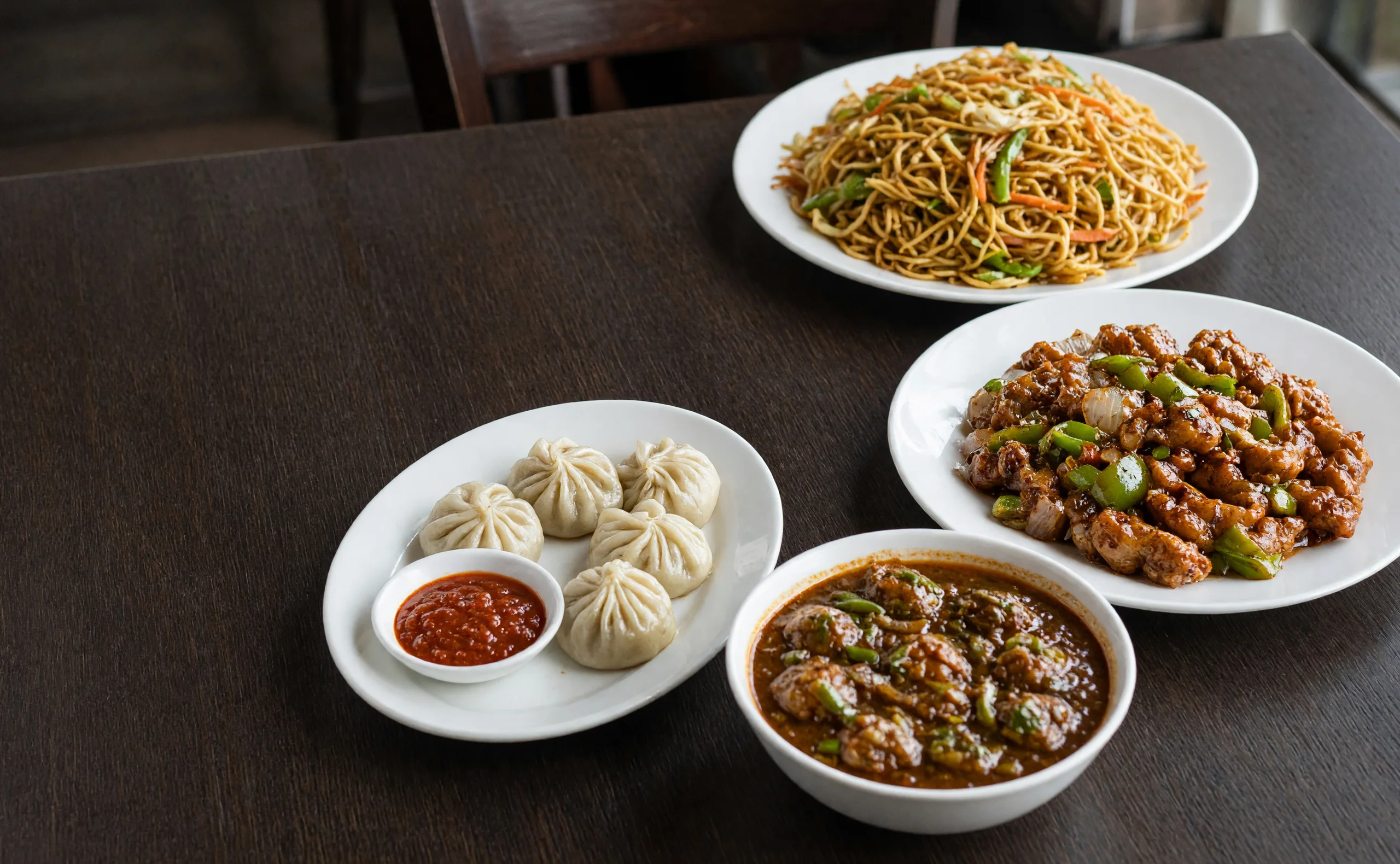 Wok-tossed noodles, chilli-glazed chicken, steamed momos and a Manchurian bowl on a dark wood table