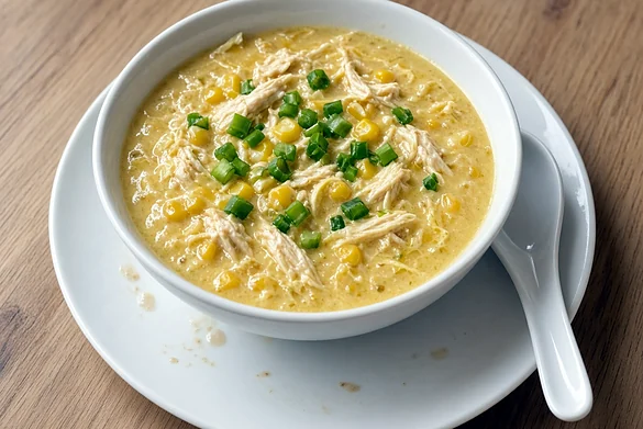 A bowl of chicken sweet corn soup with egg ribbons and spring onion