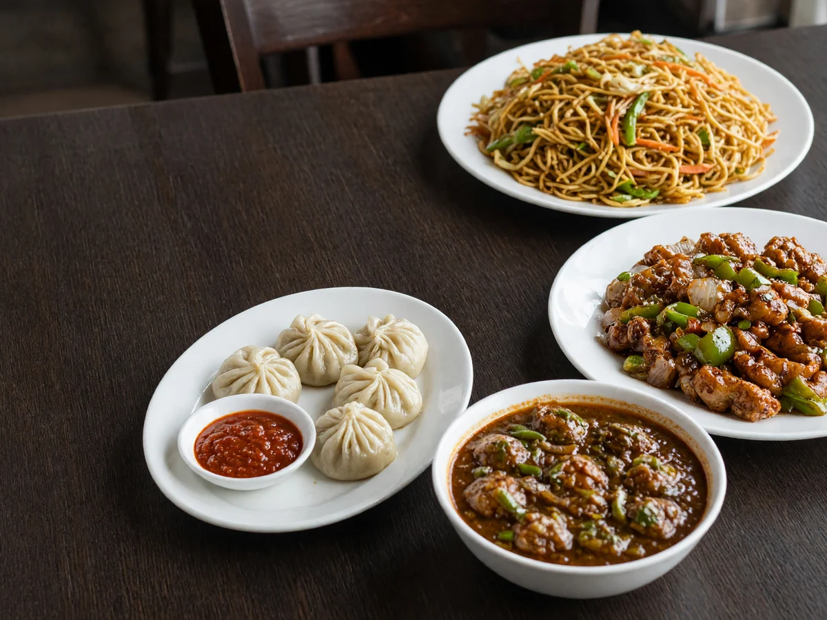 Wok-tossed noodles, chilli-glazed chicken, steamed momos and a Manchurian bowl on a dark wood table