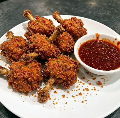 Fried chicken lollipops with a bowl of red Szechuan dipping sauce