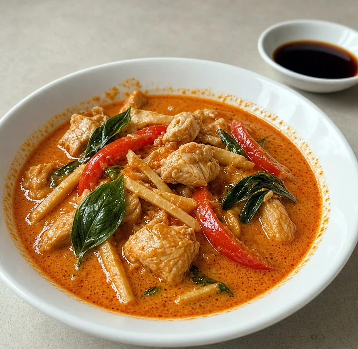 Thai red curry with chicken, bamboo shoots, red pepper and basil in a white bowl