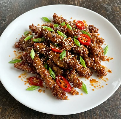 Crispy beef strips in a sweet chilli sauce with sesame, red chilli and spring onion