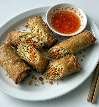 Vegetable spring rolls, two cut open, with sweet chilli sauce