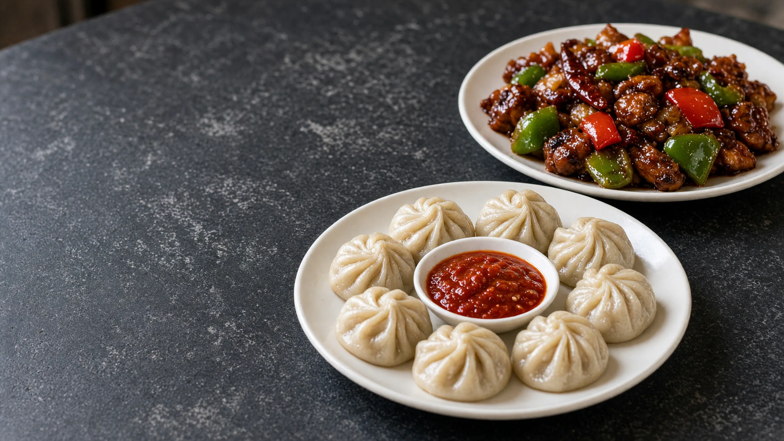 Steamed momos with red chilli chutney beside a plate of chilli chicken with peppers