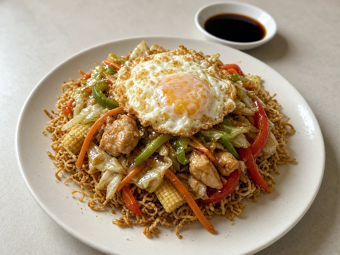 Chicken chop suey over crispy noodles, topped with a fried egg