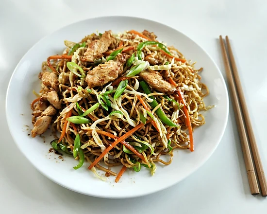 Chicken Hakka noodles with cabbage, carrot and spring onion on a white plate