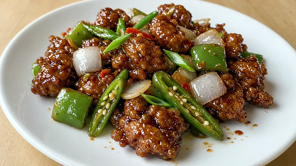 Chilli chicken with green pepper, onion and green chillies in a dark soy chilli sauce